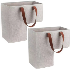 L-shaped stair storage basket set with gray fabric texture and brown leather handles