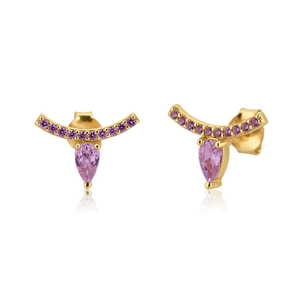 Elegant gold drop earrings with purple zirconia stones and shimmering curved accents