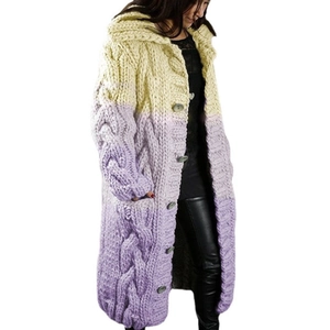 Detailed cable knit texture and gradient color of this hooded long cardigan