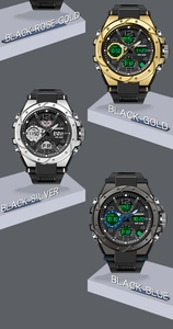 Detail view of multifunctional sports watches with dual analog-digital display in 4 colors