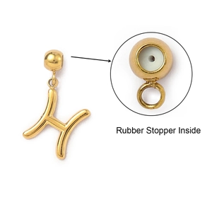 Detailed macro view of golden Pisces charm with internal rubber stopper for necklaces