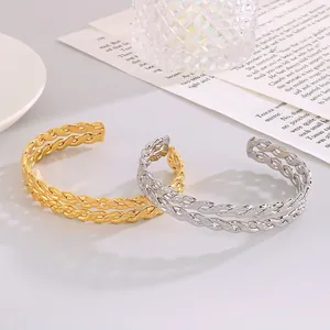 Dual Layer Twisted Rope Open Cuff Bangle Stainless Steel Hammered Texture Vintage French Style Jewelry For Women