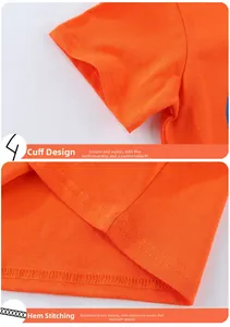 Detailed view of the double-stitched cuffs and hem on an orange cotton dinosaur T-shirt
