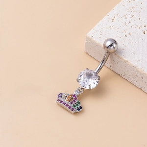 Macro shot of silver crown belly ring with colorful micro-pave cubic zirconia stones