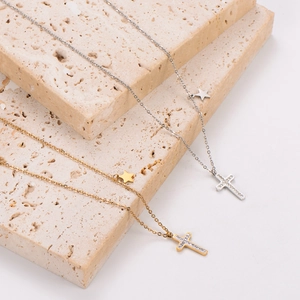 Set of 18k gold and silver stainless steel cross necklaces with star charm on stone base