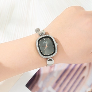 Women silver mesh watch with luxury diamond bezel and black square minimalist dial