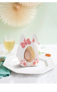 Detail of bunny-shaped Easter candy box with transparent window on white paper packaging