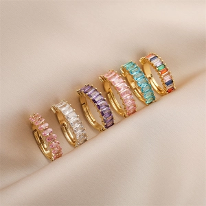 Rainbow huggie earrings set with colorful cubic zirconia on gold-plated metal bands