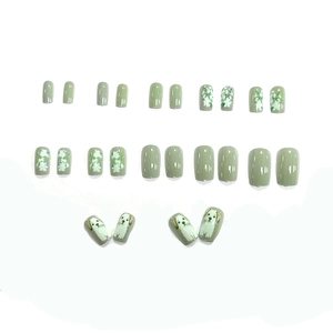 24pcs floral and cute puppy press-on nails in soft forest green and white flower design