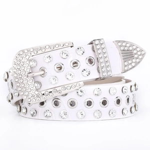 White faux leather belt with crocodile pattern and three rows of sparkling rhinestones