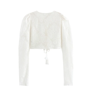 White lace crop top with puffed long sleeves and back tie detail in textured fabric