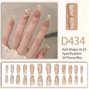 Faux ongles longs dégradé nude avec vagues 3D et perles, kit de 24 pièces modèle D434