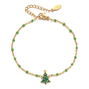 Detail of gold stainless steel Christmas tree charm bracelet with green beads and clasp