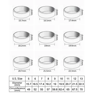 Size guide for 6mm wide stainless steel ring showing US sizes 5 to 13 with diameters
