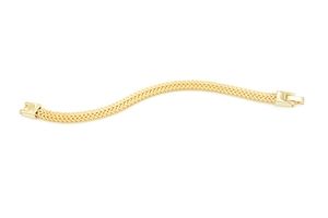Close-up of golden stainless steel woven chain bracelet with a secure snap clasp