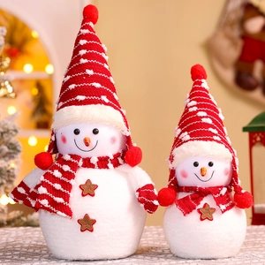 Detail of plush Christmas snowmen with knitted hats and Welcome star ornaments