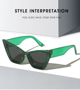 Detail of green cat-eye sunglasses with textured frames against a geometric background