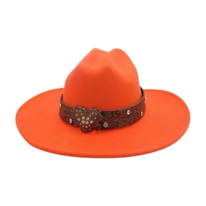 Detailed view of the bright orange felt hat with vintage leather band and heart rhinestone buckle