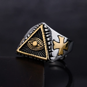 Vintage stainless steel ring with golden All-Seeing Eye and cross relief on silver band