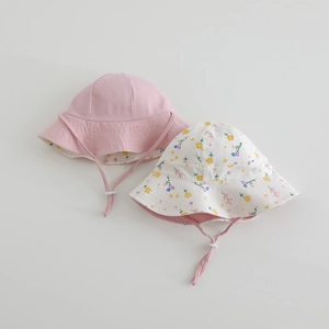 Detail of pink and floral sun hats for kids featuring adjustable chin straps for safety