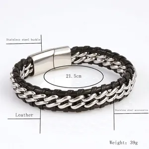 Men's black braided leather and polished stainless steel bracelet with magnetic clasp
