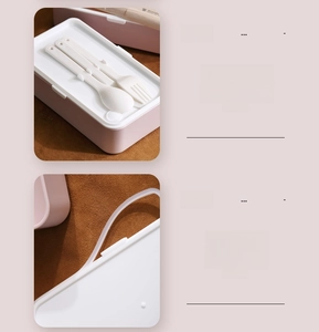 Detail of pink bento box lid with built-in cutlery storage and leak-proof silicone seal