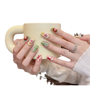 Handmade 3D cartoon press-on nails with red green plaid panda and floral designs