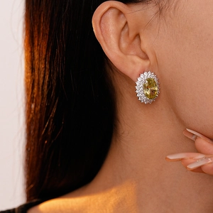 Vintage oval yellow zircon sunflower stud earrings with double row micro-inlays