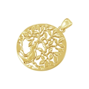 Golden hollow tree of life circular pendant in polished metal on white background