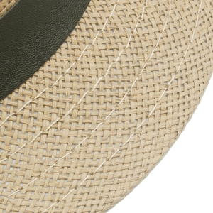 Detailed close-up of straw hat weaving texture and green faux leather ribbon trim