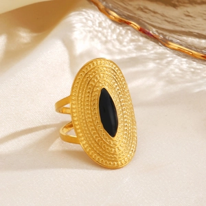 Minimalist geometric oval open ring with black enamel inlay and vintage golden finish