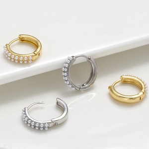 Elegant 18k gold plated hoop earrings featuring double rows of white micro pearls