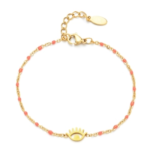 Detail of gold evil eye bracelet with orange enamel bead and adjustable extender chain