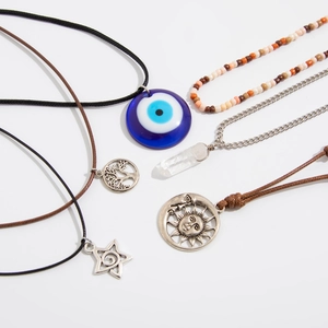 6pcs vintage bohemian necklace set with evil eye, sun, star and white crystal pendant