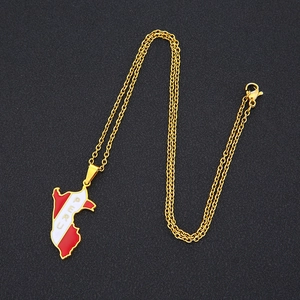 Collana vintage con ciondolo mappa del Perù dorata e smalto bianco rosso per unisex