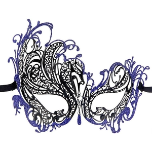Detailed view of swan-shaped masquerade mask with blue glitter and rhinestone accents