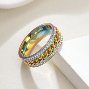 Bague arc-en-ciel en acier inoxydable avec chaîne dorée et double rangée de cristaux