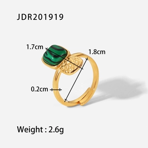 Detail view of 18K gold open ring with green stone dimensions and weight specifications