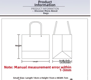 Size guide showing small paper gift bag dimensions: 14cm length, 15cm height, 7cm width