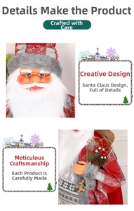 Detail of standing Santa doll with knitted plaid hat, berries and metal bells