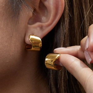 Classic 18K gold plated stainless steel C-shape hoop earrings with a mirror polished finish