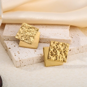 Square 18K gold plated stainless steel stud earrings with hammered and polished textures