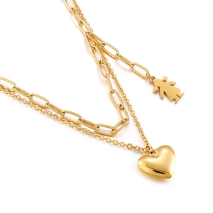 Double-layered golden stainless steel heart and girl silhouette pendant necklace set