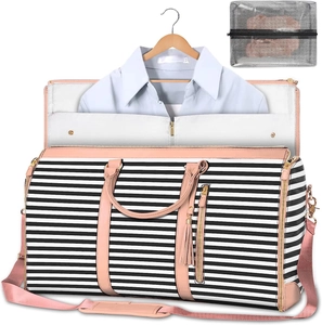 Foldable travel bag detail showing built-in garment hanger and stripe design with pink trim