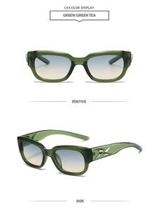 Detail of retro square sunglasses in green frames with brown gradient lenses