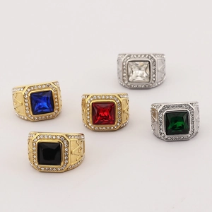 Detail of five Masonic rings with colorful square gemstones and halo cubic zirconia