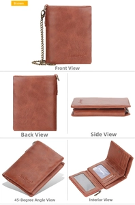 Detailed views of brown vintage leather wallet with security chain and multi-card slots