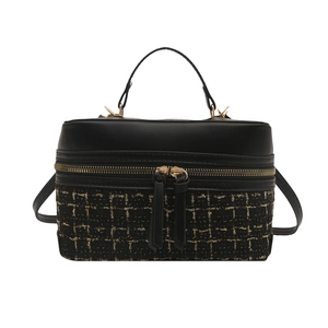 Retro vintage tweed and leather box bag with crossbody strap and tassel zippers