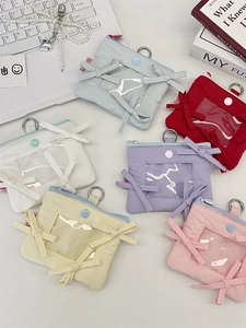 Fabric Card Holder Wallet With Transparent Window And Bowknot Decor Zipper ID Case For Students Girls Sweet Style