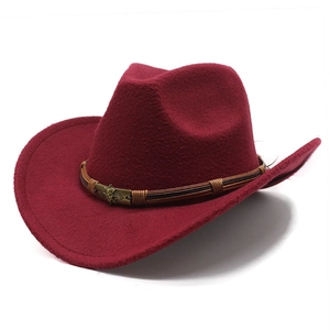Classic burgundy wool felt cowboy hat with leather band and metal skull detail